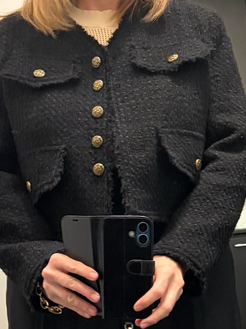 Black Button-Front Tweed Jacket with Gold Buttons size tag removed